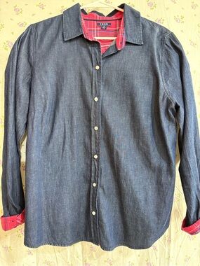 IZOD Ladies Dark Blue Denim Shirt with Red Plaid Trim